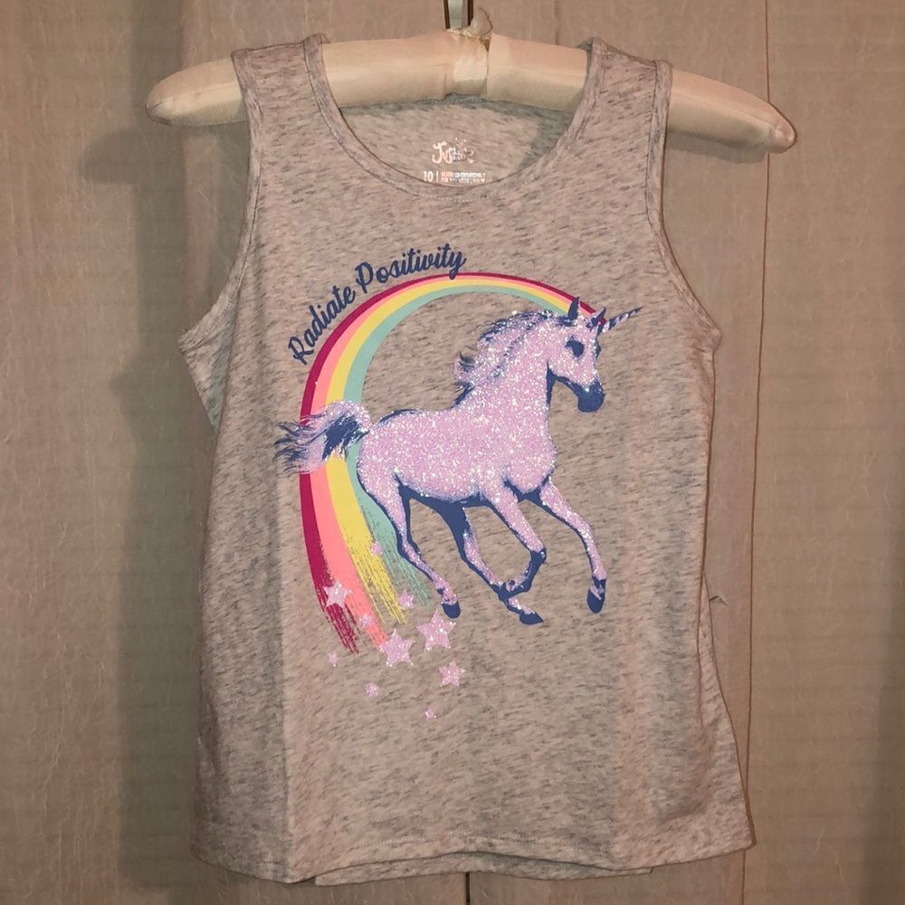 Justice 10 Gray Sleeveless Tank Unicorn Rainbow Glitter Radiate Positivity